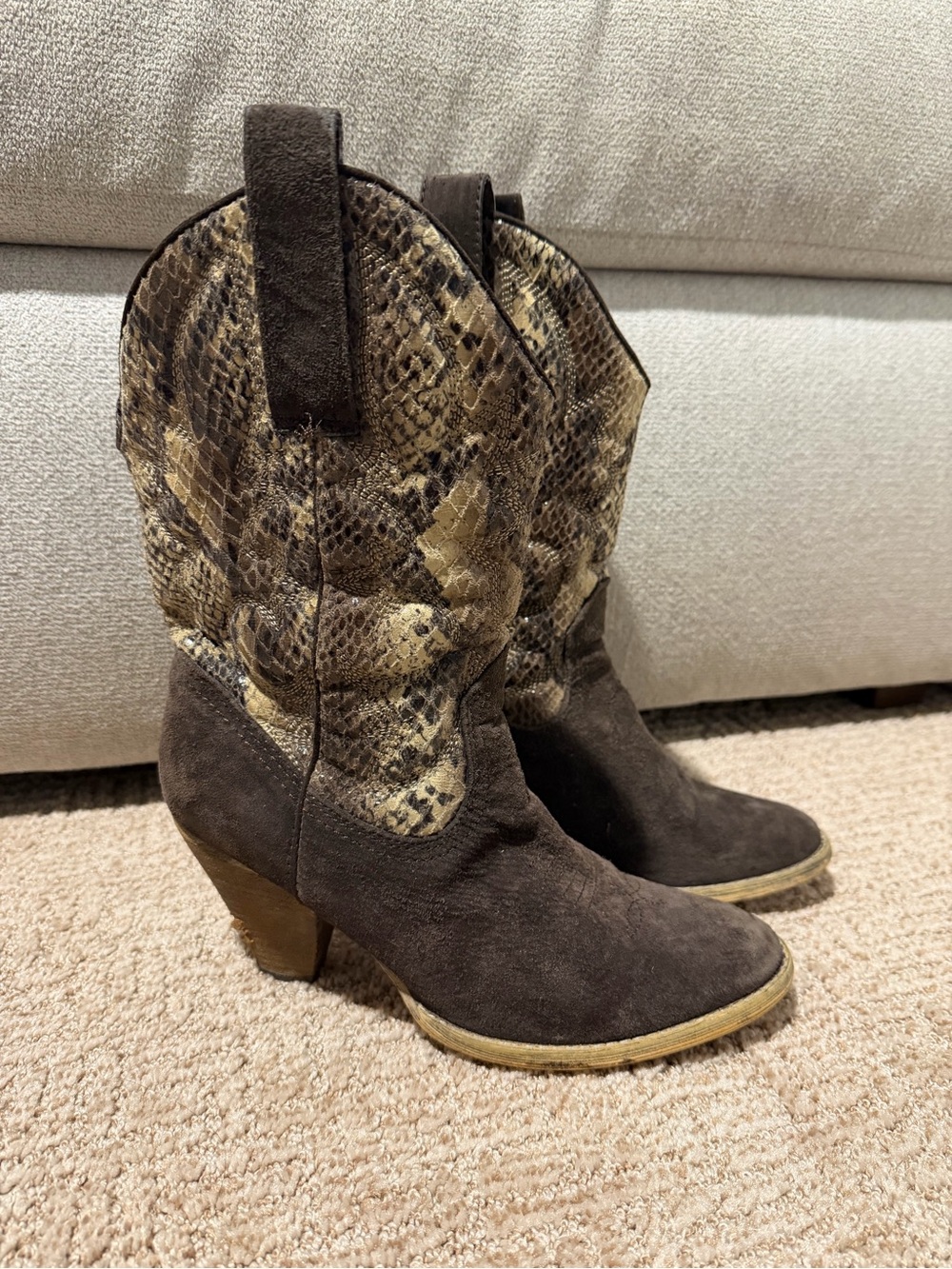 Very Volatile Brown Suede & Snake-Print Heeled Western Boots